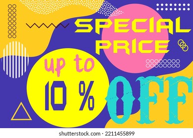 10% Special Price Background with memphis style. Banner badge, offer sticker, sign. Sale. Sticker badge with vector art illustration with round shape. 