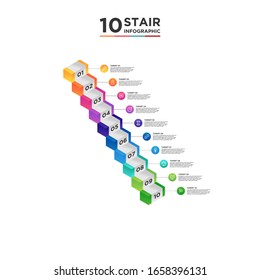 10 stair step timeline infographic element. Business concept with ten options and number, steps or processes. data visualization. Vector illustration.