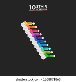 10 stair step timeline infographic element. Business concept with ten options and number, steps or processes. data visualization. Vector illustration. isolated black background