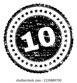 10 stamp seal watermark with distress style. Black vector rubber print of 10 title with dirty texture. Rubber seal imitation has circle shape and contains stars.