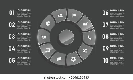 Infografía de la línea de tiempo de negocios de vidrio circular 3D de 10 pasos: diseño de medios cinematográficos con Elementos de películas, películas y entretenimiento