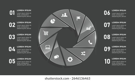 Infografía de la línea de tiempo de negocios con efecto de vidrio 3D de 10 pasos: diseño circular con iconos de compras, descuentos y datos