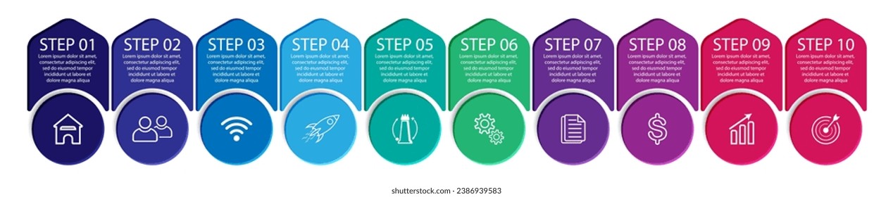 10 step 3d vector infographic, simple design with various interconnected colors, there are icons, text and symbols, good for your business presentation, concise and easy