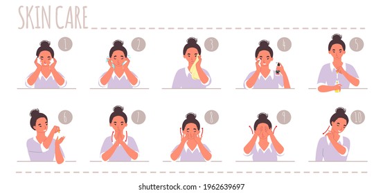 10 step face skin care routine, flat vector illustration. Cleansing and washing, wiping, applying toner and serum on face and neck. Daily facial skincare order, beauty procedure.