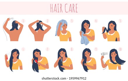 10 step hair care routine, flat vector illustration. Washing hair with shampoo, wiping, brushing, applying heat protector, shine serum and drying with hairdryer.