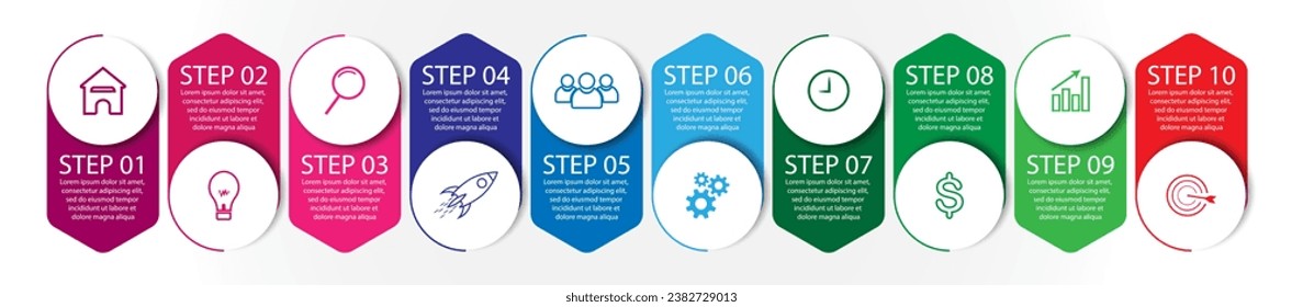 10 step infographic, simple infographic design consisting of ten interrelated parts, circle design combined with lines, icons and colors, good for your business presentation