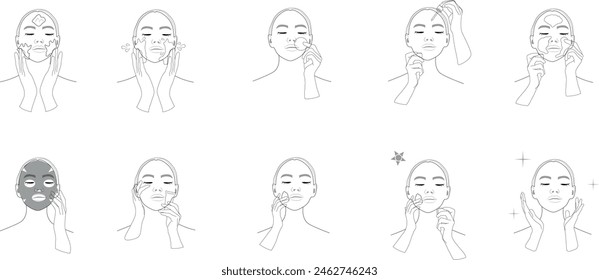 10 step Korean skin care routine. Skin care black line icons set. Woman face with a different facial procedures: cleansing, toning, moisturizing. Vector illustration. Beauty concept. 