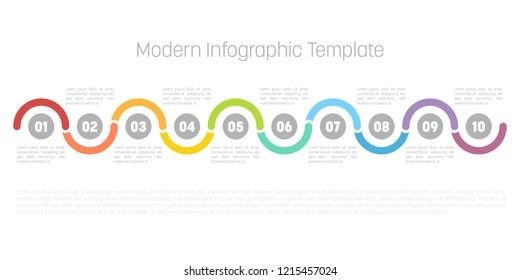 10 step process modern infographic diagram. Graph template of circles and waves. Business concept of 10 steps or options. Modern design vector element in different colors with labels.