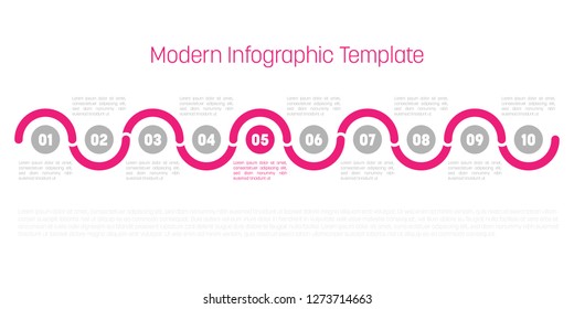 10 step process modern infographic diagram. Graph template of circles and waves. Business concept of 10 steps or options. Modern design vector element in grey with pink highlighted step.