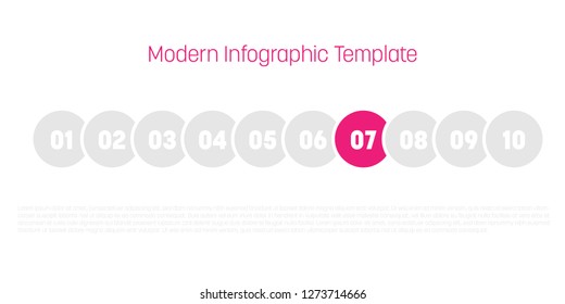 10 step process modern infographic diagram. Graph template of circles. Business concept of 10 steps or options. Modern design vector element in grey with pink highlighted step.