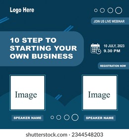 10 step to starting your own business webinar. Webinar Social Media post template. Modern banner with abstract gradient blue background. Vector design with place for the photo. 