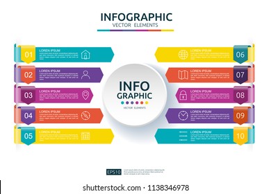 10 steps business infographic. timeline design template with arrow and circle element concept with options. For content, diagram, flowchart, steps, parts, workflow layout, chart