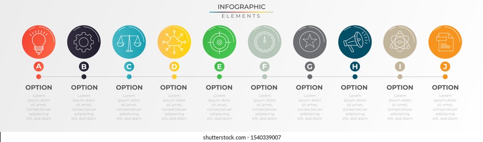 10 steps circular infographic concept with colorful paper elements and icons. Chart process template. Modern vector art for company or corporate business project and presentation. Trendy Eps10 design