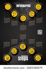 Diseño infográfico de 10 pasos en colores negro y amarillo. Línea de tiempo de negocio y diseño de flujo de trabajo para presentaciones e informes. Ilustración de Vertical con iconos. No generado por la IA.
