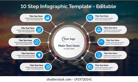 10 Steps Infographics Design Template - Graph, Pie chart, workflow layout, cycling diagram, brochure, report, presentation, web design. Editable Vector illustration