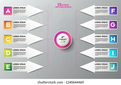 10 steps Infographics with flat icons. Arrows showing the direction.EPS 10.