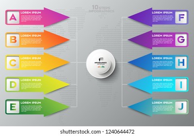 10 steps Infographics with flat icons. Arrows showing the direction.EPS 10.