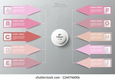 10 steps Infographics with flat icons. Arrows showing the direction.EPS 10.