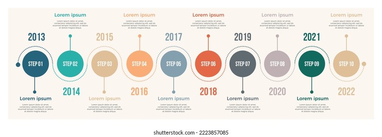 10 steps rounded timeline infographic template. Colorful timeline vector business template