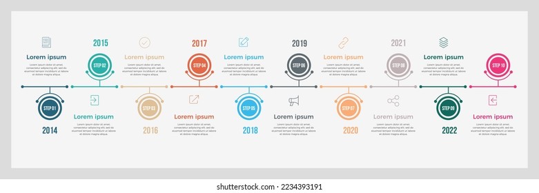10 pasos de plantilla de infografía de línea de tiempo redondeada. Plantilla de negocio de vector de línea de tiempo colorida