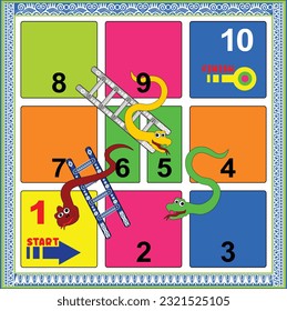 10 steps snakes and ladders board game with batik background is ready to print