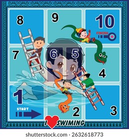 10 Steps Snakes and Ladders Board Game with Sports Theme: I Love Swiming.
Editable and ready to print.