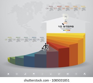 10 steps template for presentation. man walking on stairs use for Infographics design with 10 options timelines. EPS10.