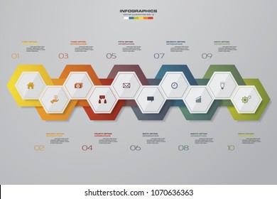 10 steps Timeline infographic element. 10 steps infographic, vector banner can be used for workflow layout, diagram,presentation, education or any number option. EPS10.