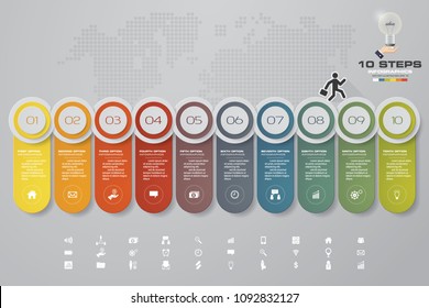 10 steps Timeline infographic element. 10 steps infographic, vector banner can be used for workflow layout, diagram, presentation, education or any number option. EPS10.