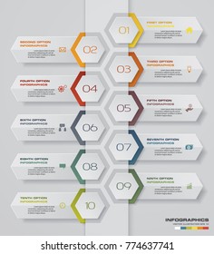 10 steps Timeline infographic element. 10 steps infographic, vector banner can be used for workflow layout, diagram,presentation, education or any number option. EPS10.