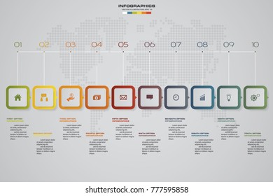 10 steps Timeline infographic element. 10 steps infographic, vector banner can be used for workflow layout, diagram,presentation, education or any number option. EPS10.