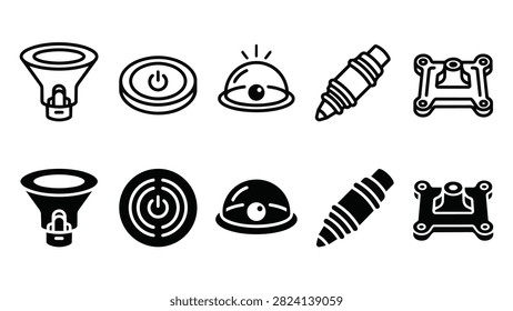 10 Subsea Docking Icons – Inductive cone, power pad, beacon dome and wet mate connector for UI. Clean, editable vector icon set.