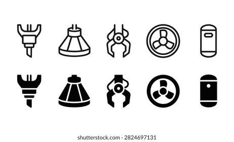 10 Subsea Robotics Icons for UI – Cable cutter, trenching jet, manipulator claw and thruster. Minimal, editable vector icon set.