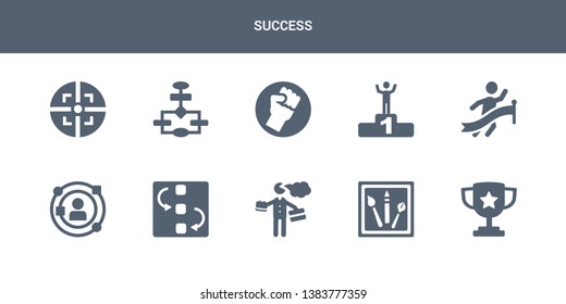 10 success vector icons such as cup, de, entrepreneur, exchanging, experience contains finish line, first, fist, flowchart, focus. success icons