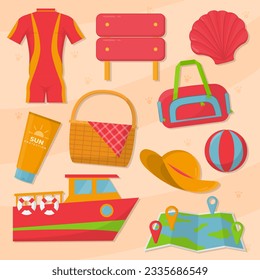 10 summer icon illustrations set isolated. Swimsuit, signpost, shell, travel baggage, picnic basket, sunscreen, boat, beach hat, ball, and map destination objects for your design.