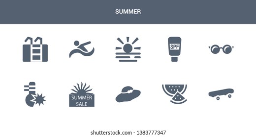 10 summer vector icons such as skate, slice of melon, summer hat, summer sale, temperature contains sun glasses, sunscreen, sunset at sea, swimming person, swimming pool ladder. icons