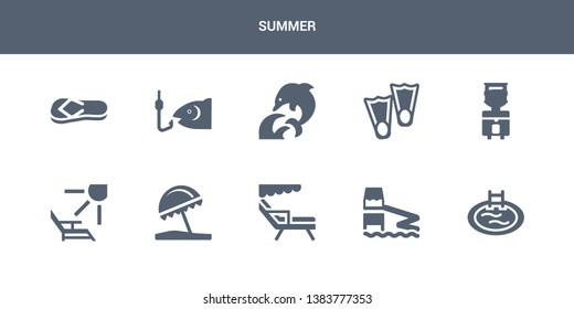 10 summer vector icons such as swimming pool, aqua park, beach chair, beach umbrella, deck chairs and sun contains dispenser, diving fins, dolphin on water waves, fish and hook, flip flop. summer