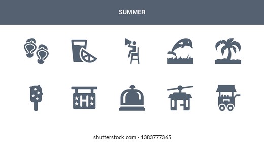 10 summer vector icons such as food stand, funicular, hotel bell, hotel hanging, ice pop contains island with palm trees, jumping dolphin, life guard, lime juice, pair of flip flops. summer icons