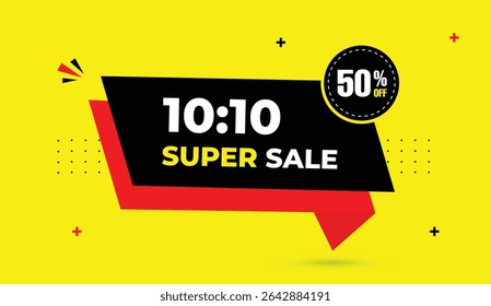 10 to 10 super sale 50 percent off editable web banner vector art template design featuring black red white shapes yellow abstract background perfect for standout promotions
