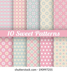 10 Sweet cute vector seamless patterns (tiling). Pink and blue shabby color. Endless texture can be used for printing onto fabric and paper or scrap booking. Flower, heart, dot, wave abstract shapes.