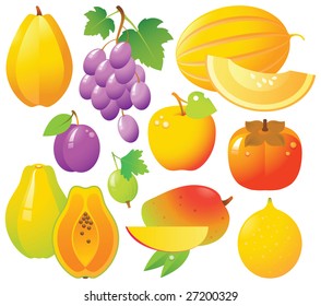 10 sweet ripe fruits and berries in one file: Melon, grape, apple, persimmon, mango, passion fruit, starfruit, gooseberry, plum and papaya. Fresh and tasty.