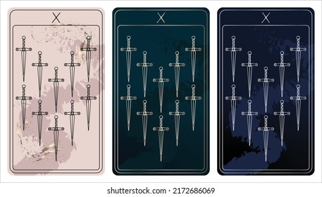 10 of Swords. A card of Minor arcana one line drawing tarot cards. Tarot deck. Vector linear hand drawn illustration with occult, mystical and esoteric symbols. 3 colors. Proposional to 2,75x4,75 in.