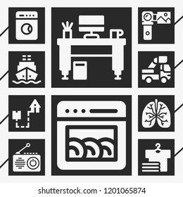 10 technology  filled style icons about lungs, radio, camcorder, desk, shipping, dishwasher, laundry, washing machine, ship