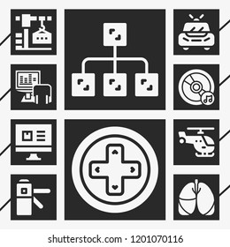 10 technology  filled style icons about lungs, compact disc, gamepad, audio, diagram, access, crane, computer, helicopter