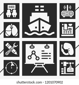 10 technology  filled style icons about lungs, embryo, conversation, analytics, router, circle, tools, cash register, crane