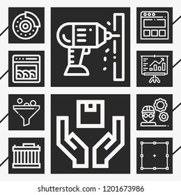 10 technology  outline style icons about landing page, drill, filter, analytics, edit, radiator, dishwasher, disc brake, shipping