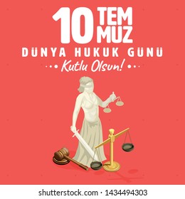 10 Temmuz Dünya Hukuk Günü Kutlu Olsun! Translation: Happy 10 July World Law Day! Red and Orange Background. Justice icon woman. Justice woman. Justice book. 