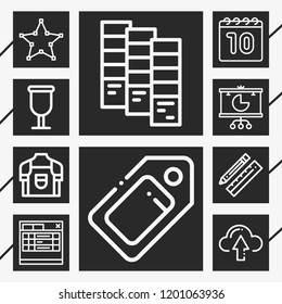 10 template  outline style icons about cup, tag, upload, pie chart, calendar, pantone, , tabs, design