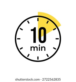 10 or ten minute Timer, clock, stopwatch isolated icons. Countdown timer symbol. Label cooking time. Minute timer, Time measure, Chronometer, Alarm, Kitchen timer, label, sticker, stamp. Vector