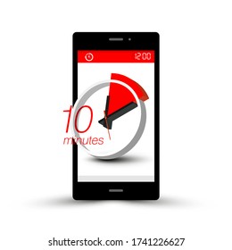 10 - Ten Minutes Clock Symbol on Mobile Phone Screen Isolated on White Background